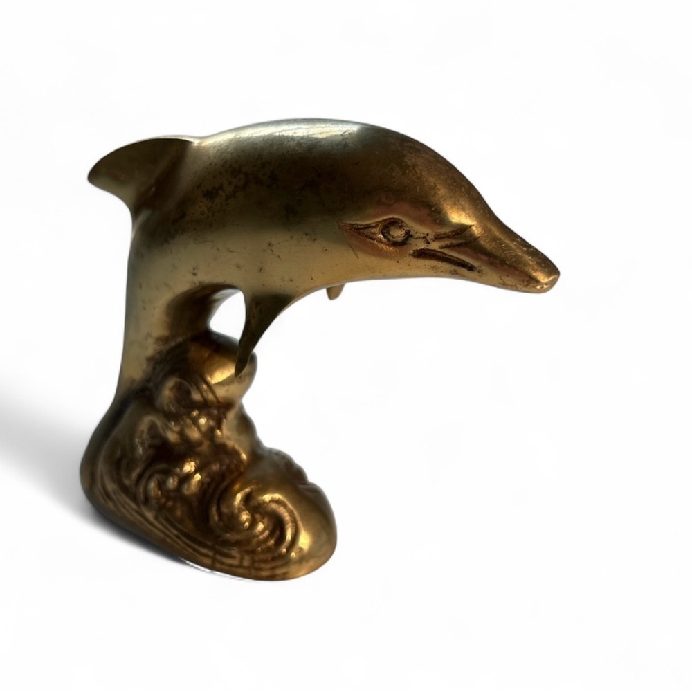 Vintage Solid Brass Dolphin on Waves Figurine Paperweight Book Shelf Decor